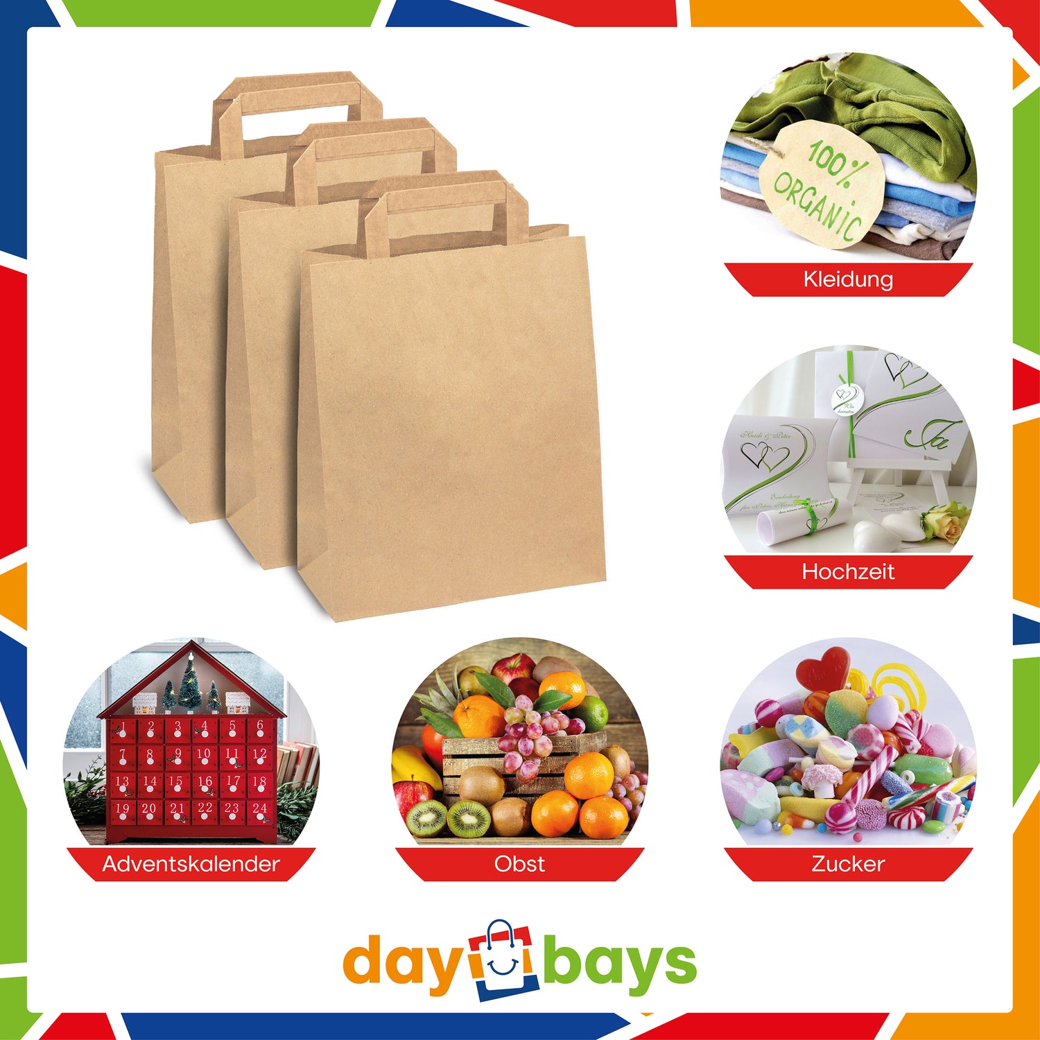 DayBays Papiertüten 18+8x22 cm Braun mit Flachhenkel