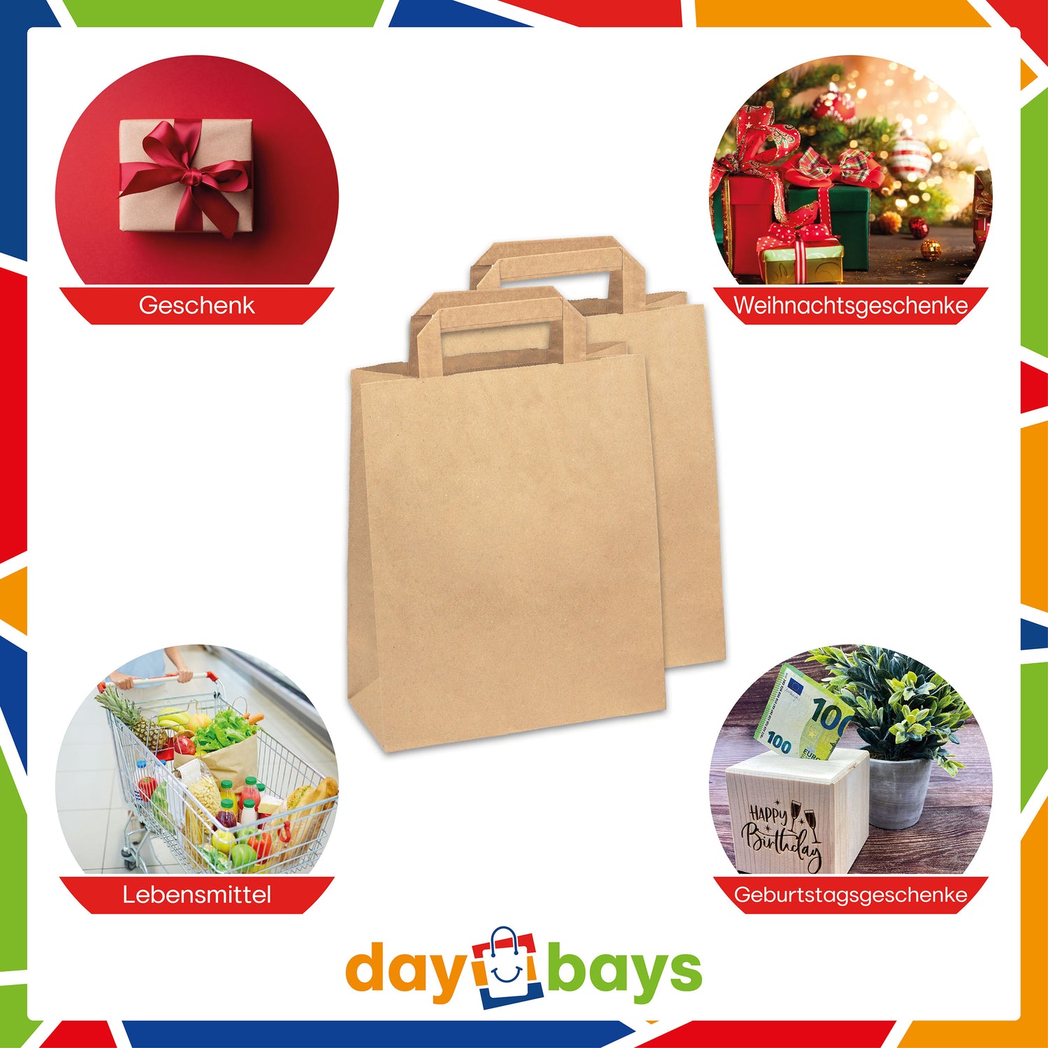 DayBays Papiertüten 22+10x28 cm Braun mit Flachhenkel