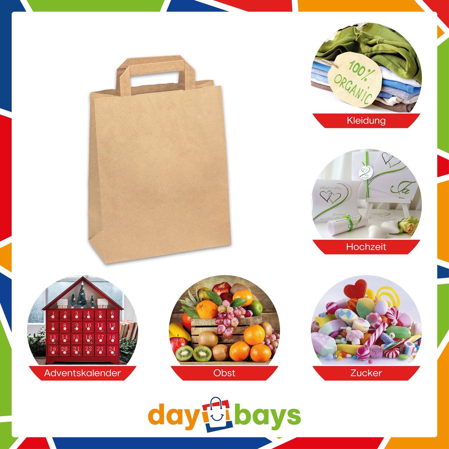 DayBays Papiertüten 22+10x28 cm Braun mit Flachhenkel