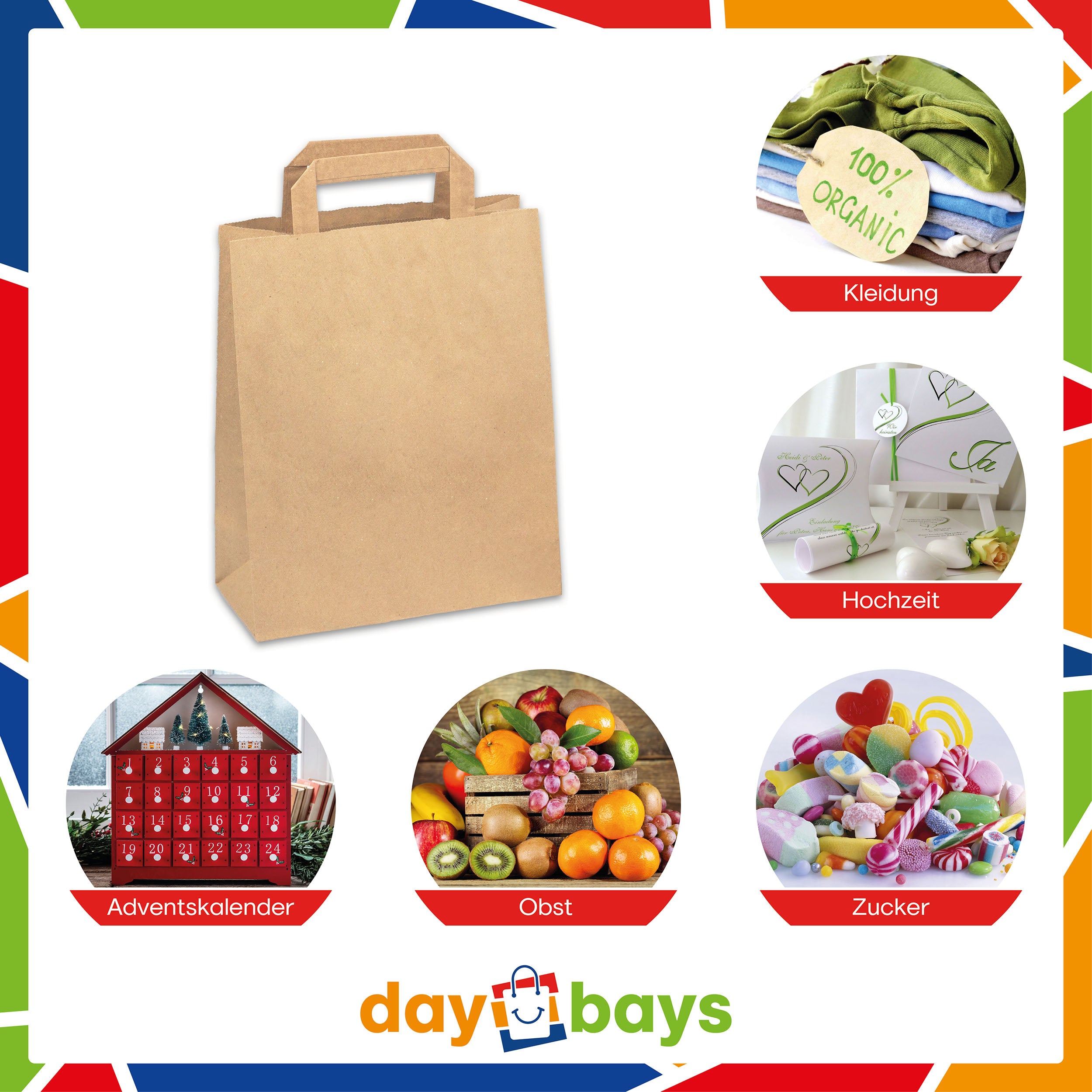 DayBays Papiertüten 22+10x28 cm Braun mit Flachhenkel