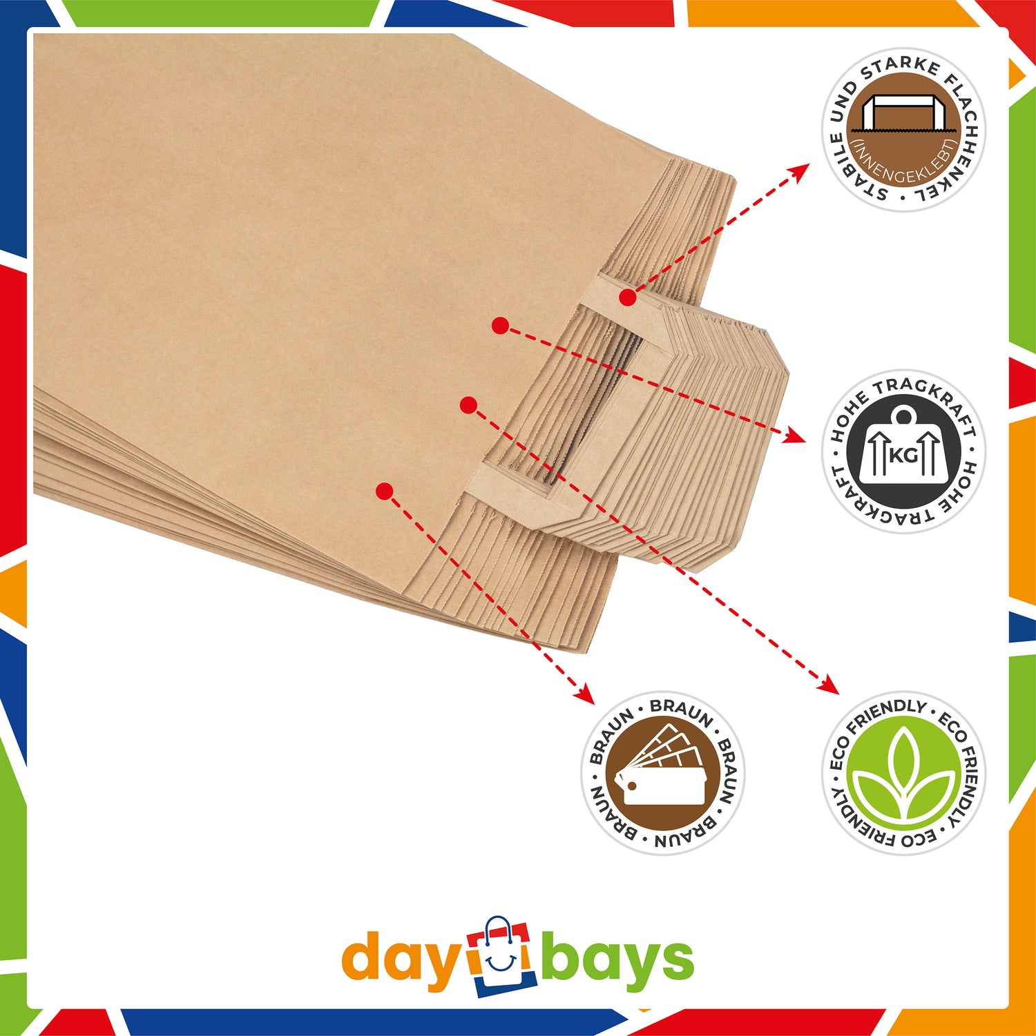 DayBays Papiertüten 22+10x36 cm Braun mit Flachhenkel