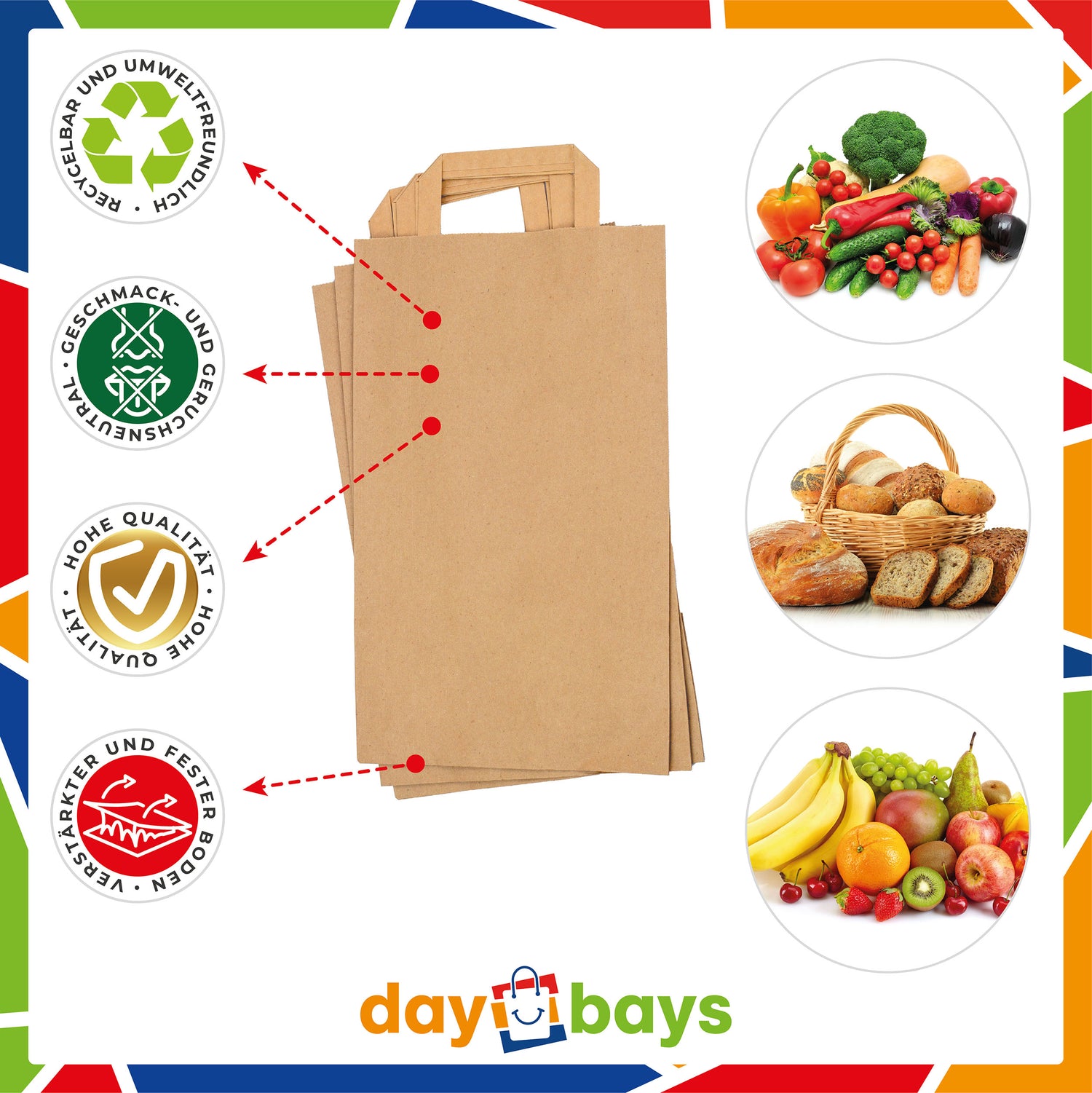 DayBays Papiertüten 22+10x36 cm Braun mit Flachhenkel