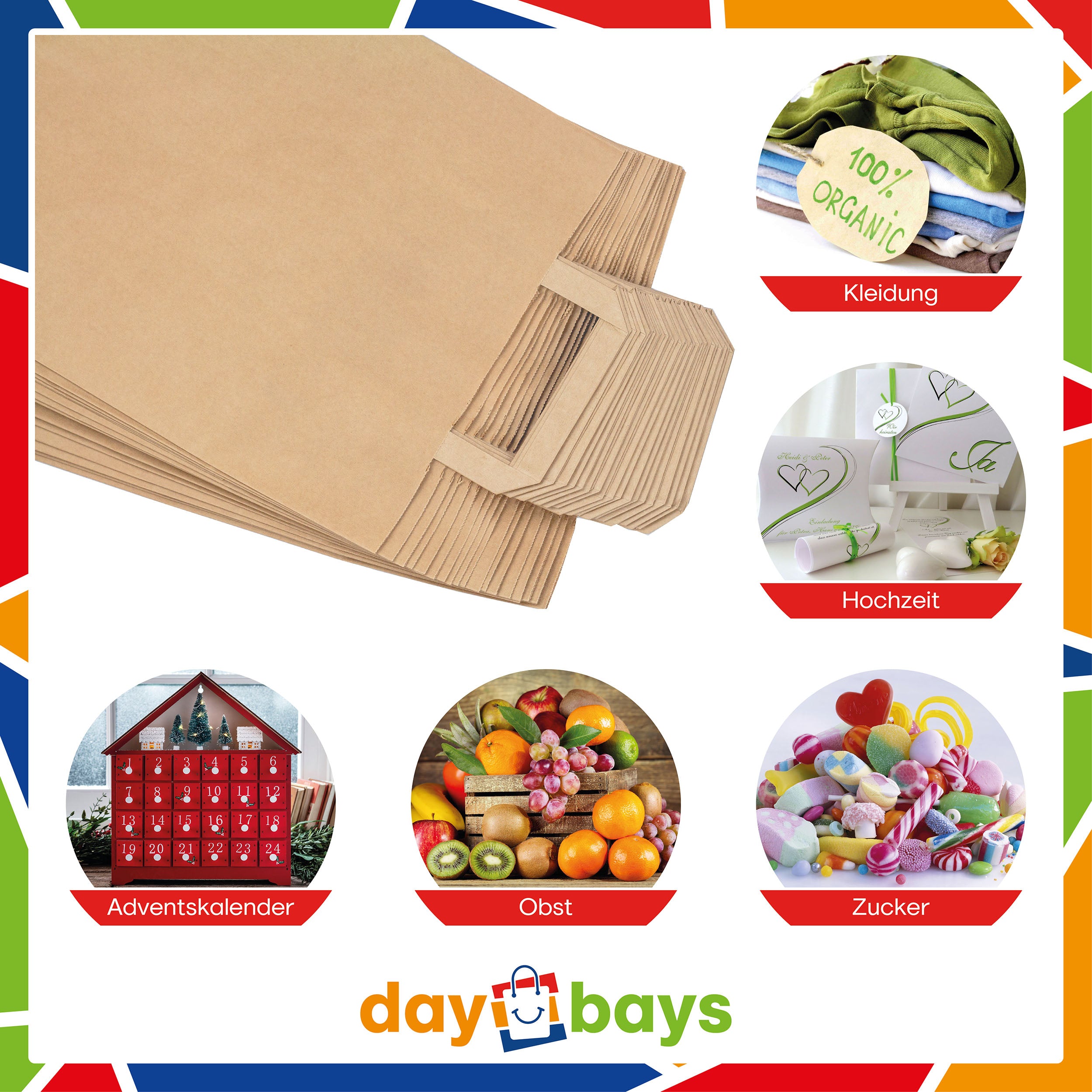 DayBays Papiertüten 22+10x36 cm Braun mit Flachhenkel