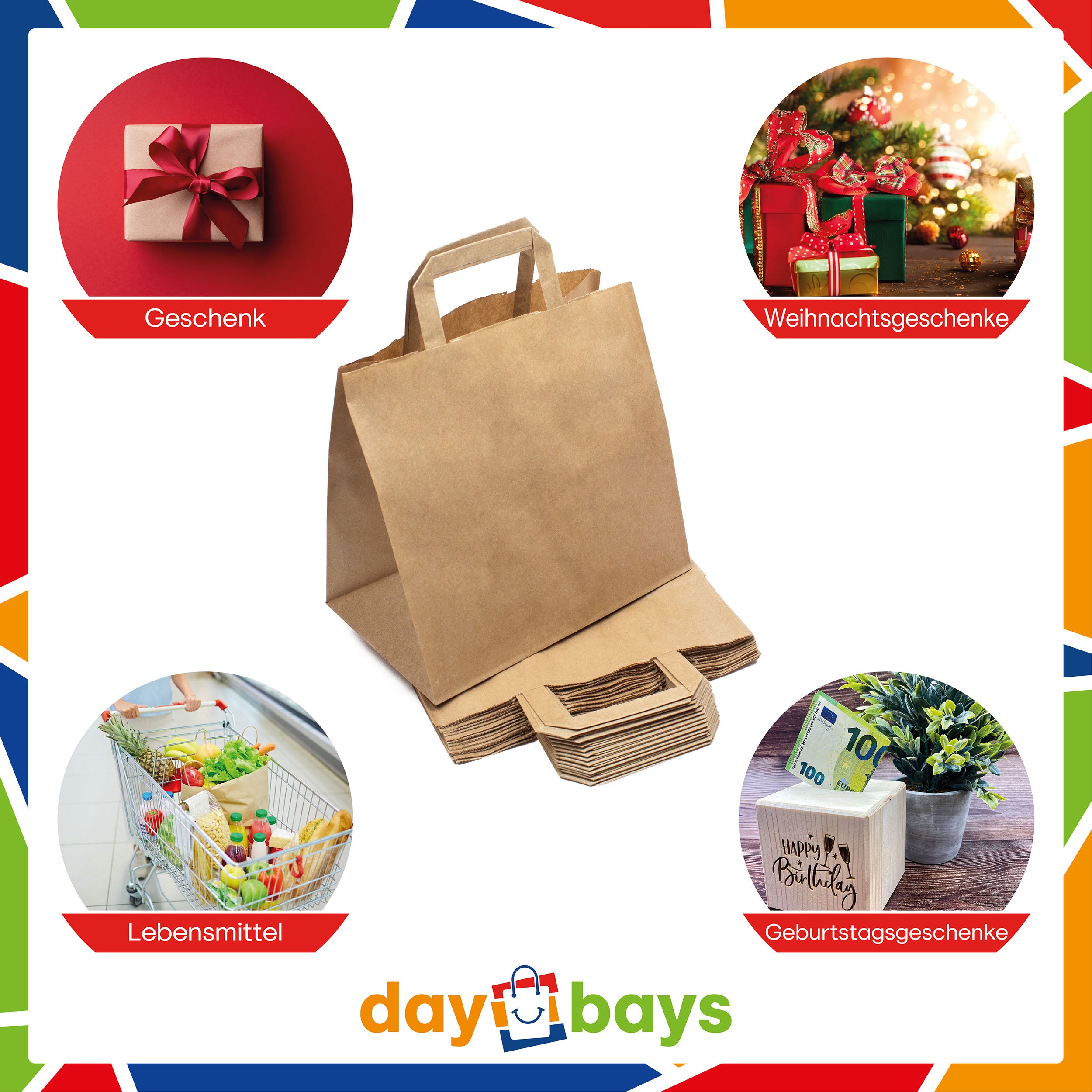 DayBays Papiertüten 26+17x25 cm Braun mit Flachhenkel