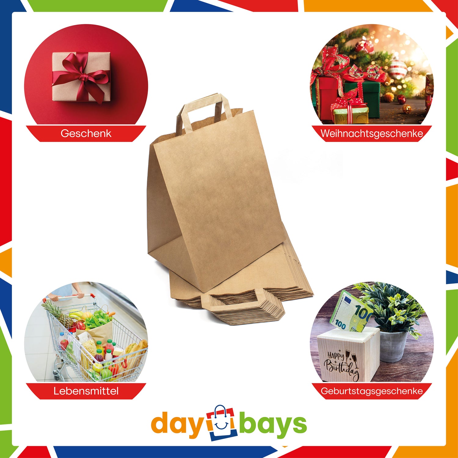 DayBays Papiertüten 26+20x28 cm Braun mit Flachhenkel