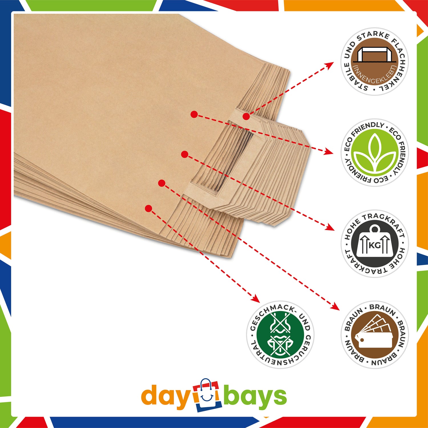 DayBays Papiertüten 32+12x41 cm Braun mit Flachhenkel