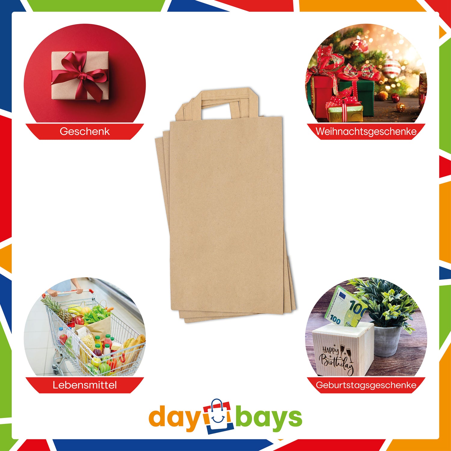 DayBays Papiertüten 32+12x41 cm Braun mit Flachhenkel