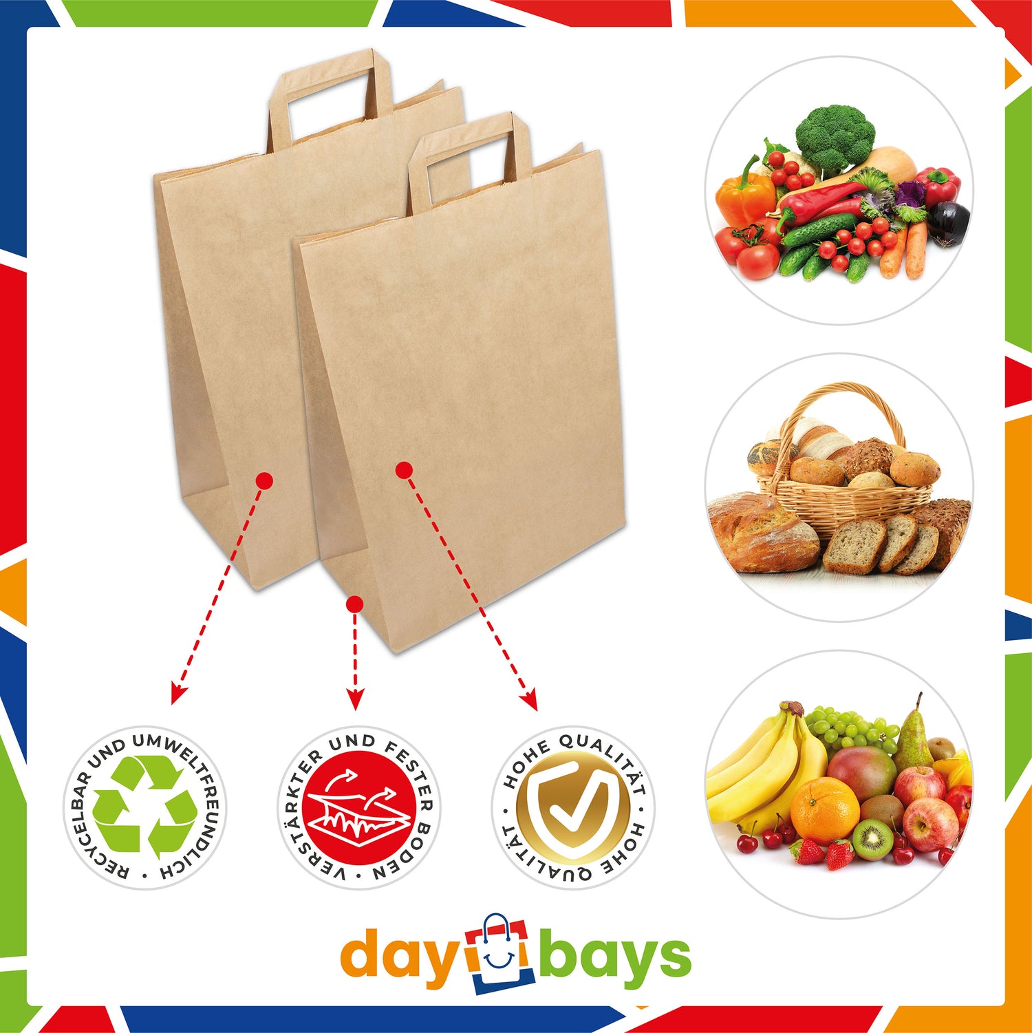 DayBays Papiertüten 32+16x44 cm Braun mit Flachhenkel