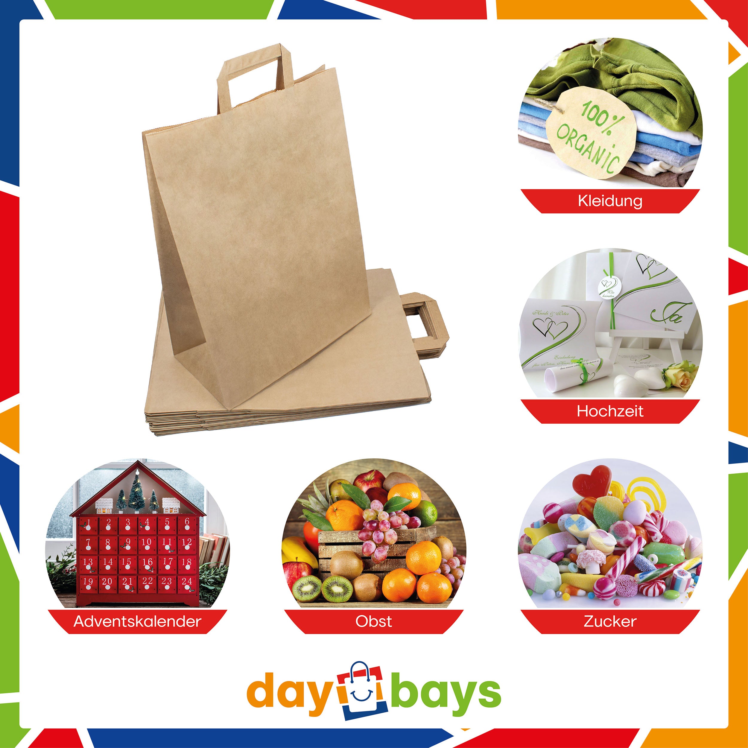 DayBays Papiertüten 32+16x44 cm Braun mit Flachhenkel