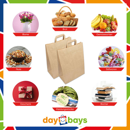 DayBays Papiertüten 32+16x44 cm Braun mit Flachhenkel