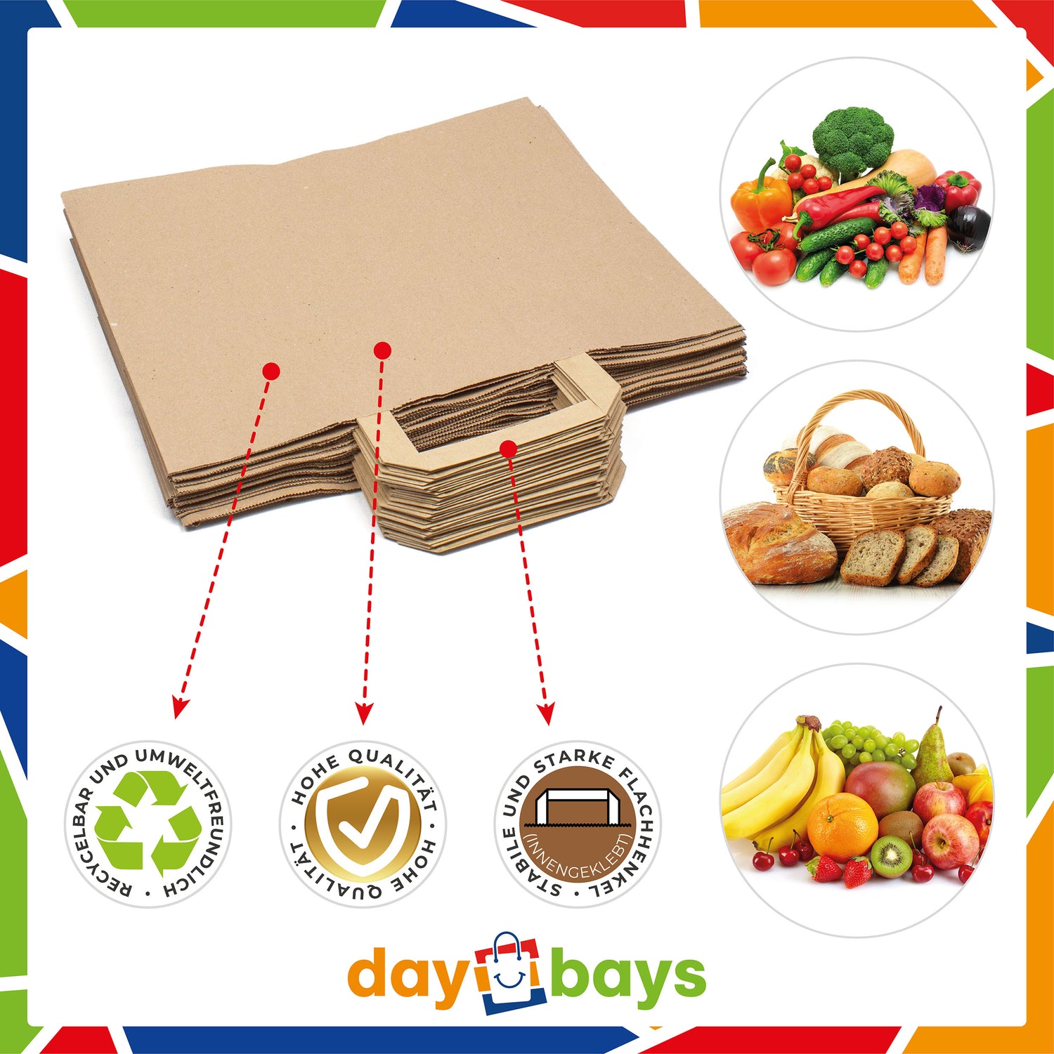 DayBays Papiertüten 32+17x27 cm Braun mit Flachhenkel