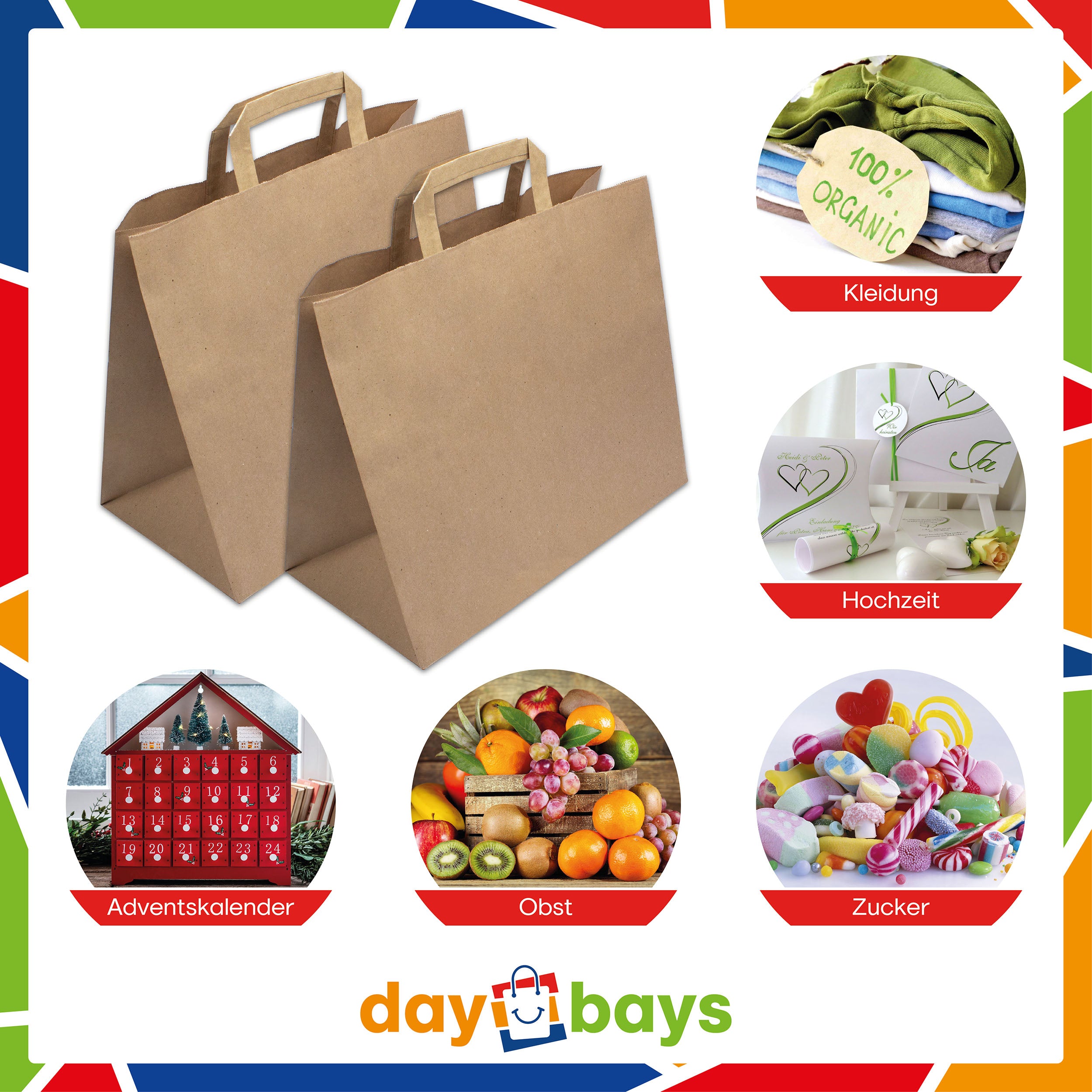 DayBays Papiertüten 32+17x27 cm Braun mit Flachhenkel