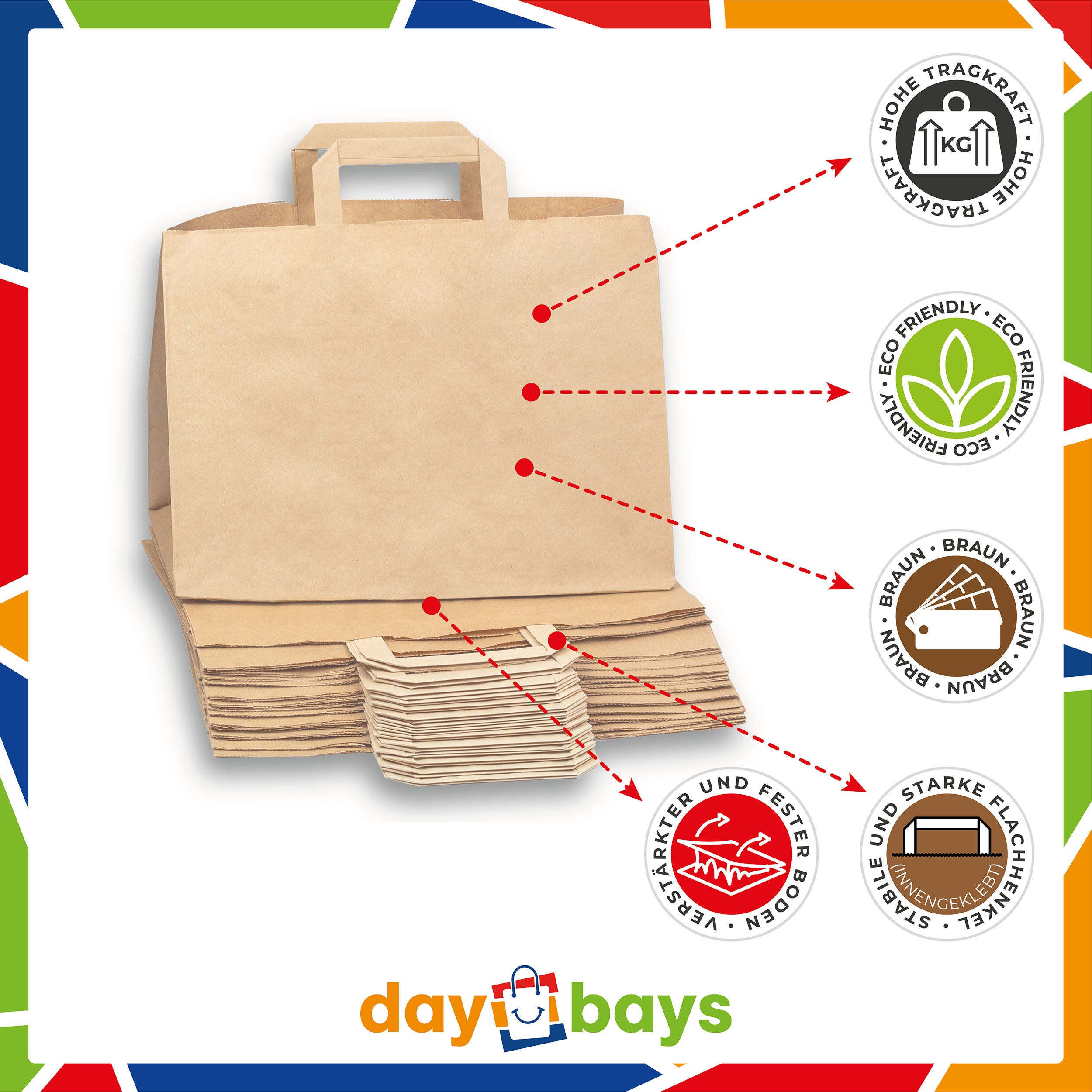DayBays Papiertüten 32+22x25 cm Braun mit Flachhenkel