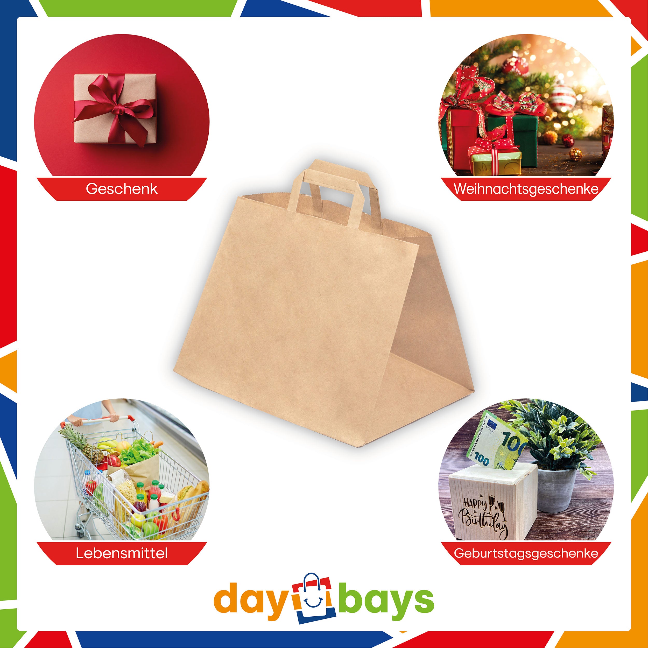DayBays Papiertüten 32+22x25 cm Braun mit Flachhenkel