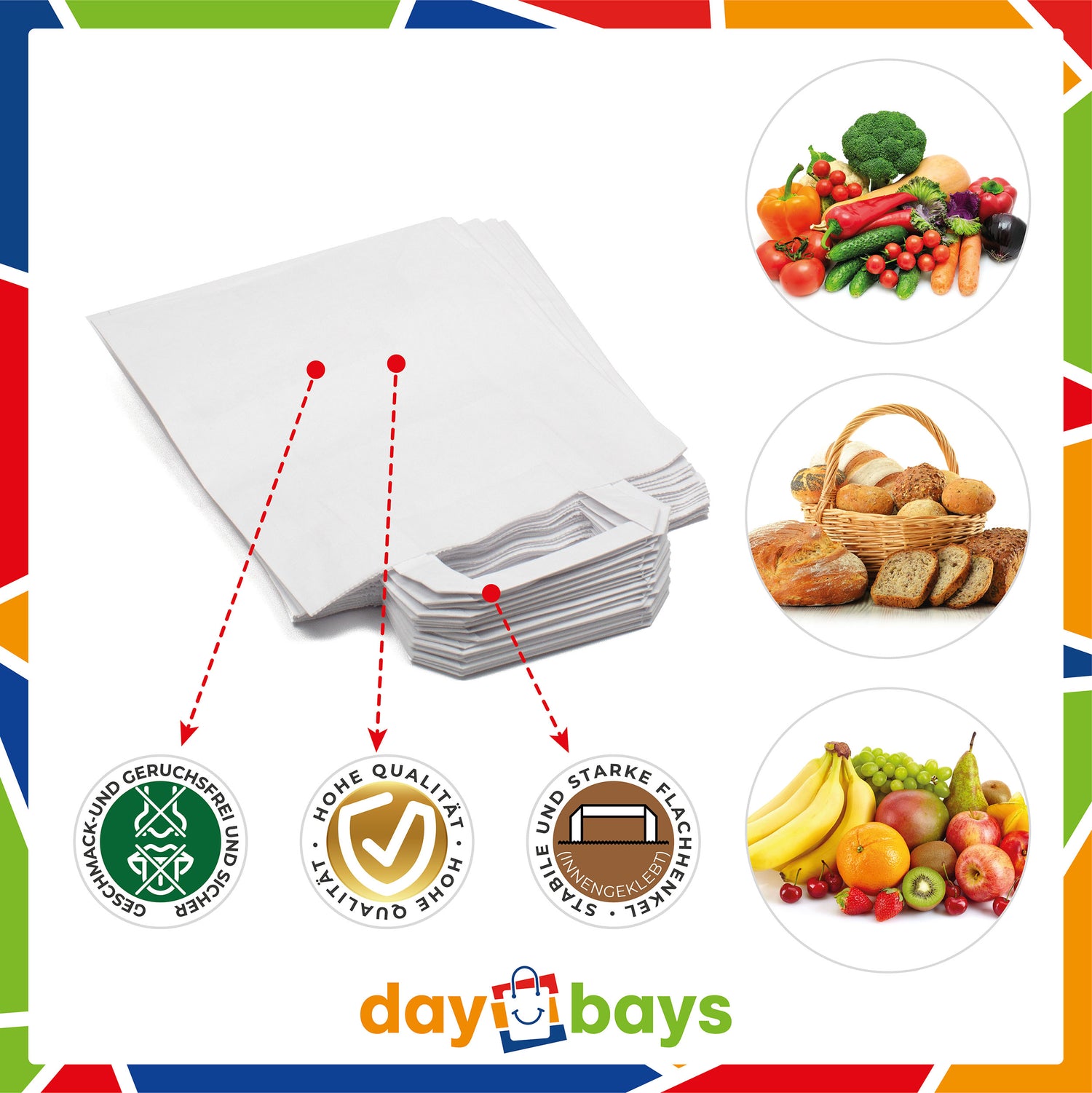 DayBays Papiertüten 22+10x28 cm weiß mit Flachhenkel