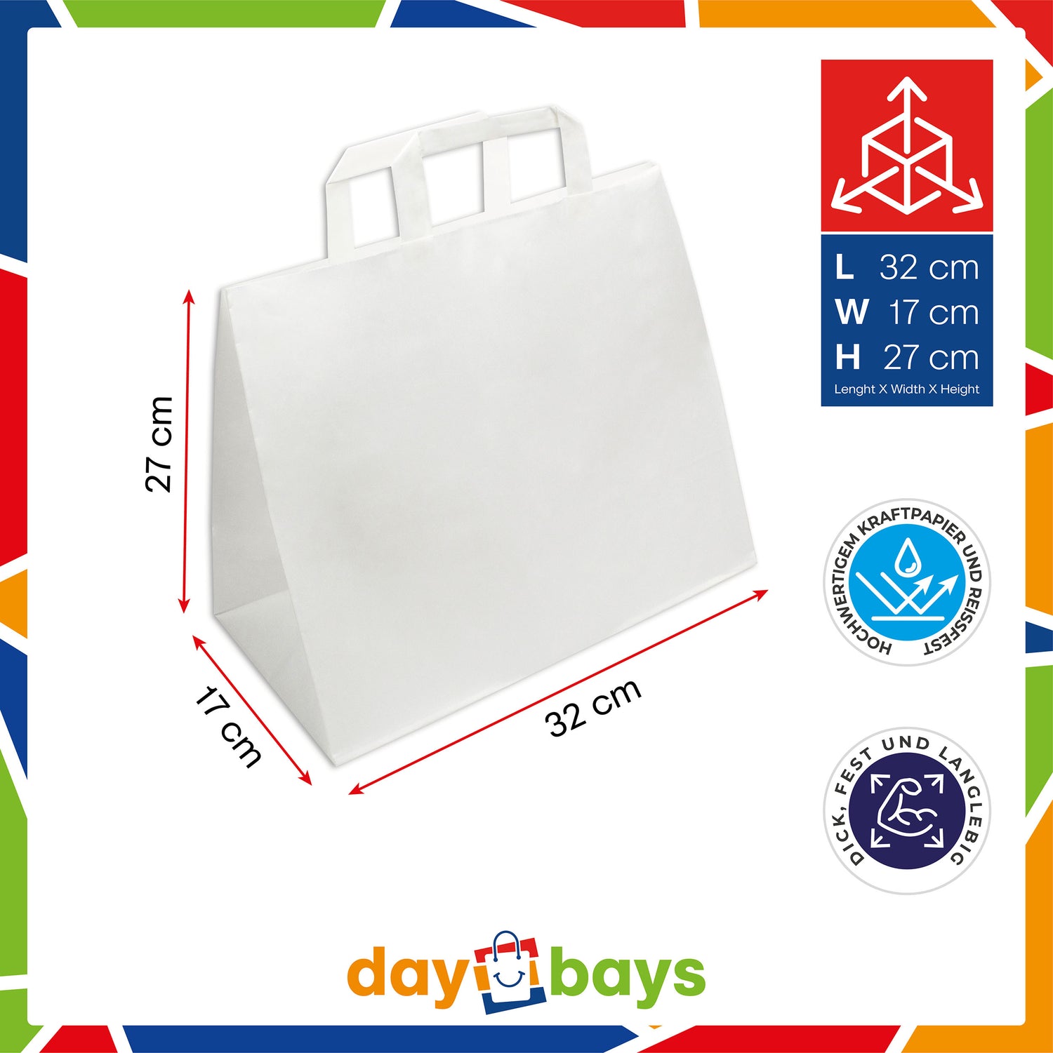 DayBays Papiertüten 32+17x27 cm weiß mit Flachhenkel