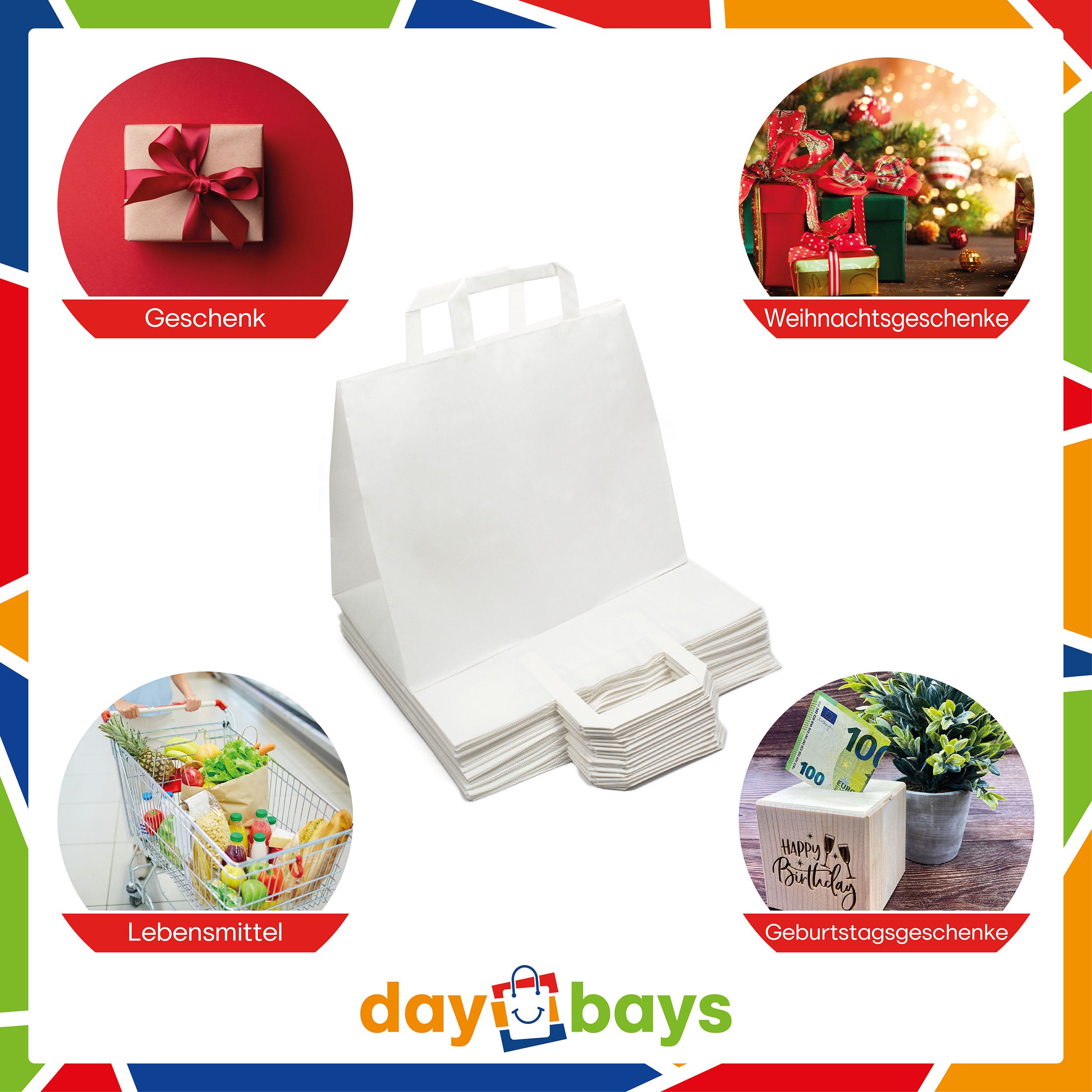 DayBays Papiertüten 32+17x27 cm weiß mit Flachhenkel